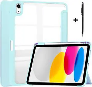 Case for New iPad 10th Generation 10.9 Inch 2022 with Pencil Holder / Universal Stylus Pen, Hybrid Slim Tri-fold Protective Stand Cover Smart Shell with Clear Back, Auto Wake/Sleep