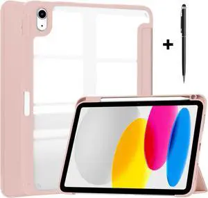 Case for New iPad 10th Generation 10.9 Inch 2022 with Pencil Holder / Universal Stylus Pen, Hybrid Slim Tri-fold Protective Stand Cover Smart Shell with Clear Back, Auto Wake/Sleep