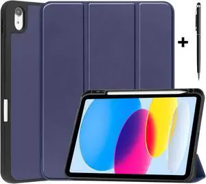 Case Compatible with iPad 10th Generation 10.9 Inch 2022 with Pencil Holder, Protective Stand Cover with Soft TPU Back, Auto Sleep/Wake with Universal Stylus Pen Blue