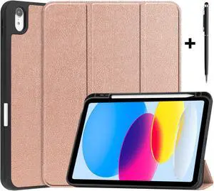 Case Compatible with iPad 10th Generation 10.9 Inch 2022 with Pencil Holder, Protective Stand Cover with Soft TPU Back, Auto Sleep/Wake with Universal Stylus Pen Rose Gold