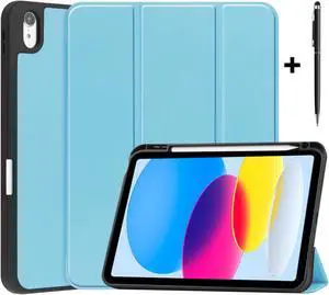 Case Compatible with iPad 10th Generation 10.9 Inch 2022 with Pencil Holder, Protective Stand Cover with Soft TPU Back, Auto Sleep/Wake with Universal Stylus Pen Light Blue