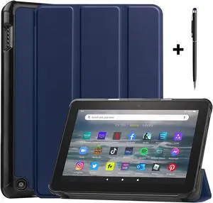 Case for All New Amazon Fire 7 inch Tablet (12th Generation, 2022 Released) - Lightweight Tri-fold Stand Auto Wake/Sleep Folio Stand Cover with Universal Stylus Pen Blue