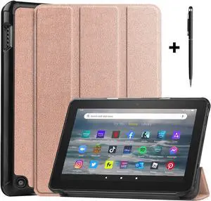 Case for All New Amazon Fire 7 inch Tablet (12th Generation, 2022 Released) - Lightweight Tri-fold Stand Auto Wake/Sleep Folio Stand Cover with Universal Stylus Pen Rose Gold