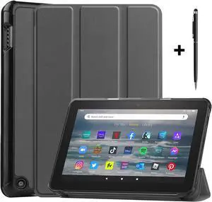 Case for All New Amazon Fire 7 inch Tablet (12th Generation, 2022 Released) - Lightweight Tri-fold Stand Auto Wake/Sleep Folio Stand Cover with Universal Stylus Pen Gray