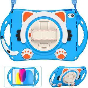 Case for Apple iPad 10th Generation Case 10.9 Inch 2022, Silicone Shockproof Protective Cover with Pencil Holder, Handle Grip, Kickstand and Shoulder Strap for iPad 10th Gen 10.9'' Blue