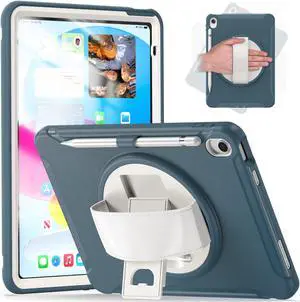 Case for iPad 10th Generation 10.9 Inch 2022 with Pencil Holder,360° Swivel Stand, Hand Strap, Heavy Duty Shockproof Rugged Protective Cover for iPad 10.9 Inch 2022 Release Dark Blue