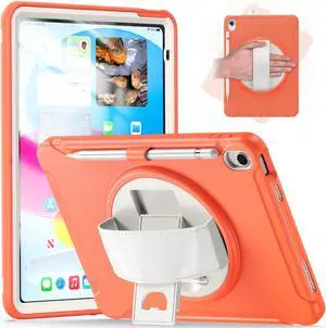 Case for iPad 10th Generation 10.9 Inch 2022 with Pencil Holder,360° Swivel Stand, Hand Strap, Heavy Duty Shockproof Rugged Protective Cover for iPad 10.9 Inch 2022 Release Orange