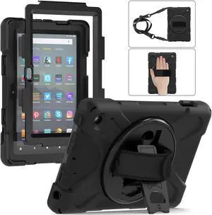 Case For All New Amazon Fire 7 inch Tablet 12th Generation, 2022 Released, Shockproof Cover Heavy Duty Full Body Protective Cover With Stand, Hand Strap and Shoulder Strap