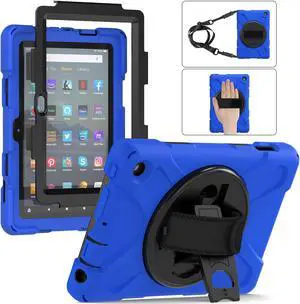 Case For All New Amazon Fire 7 inch Tablet 12th Generation, 2022 Released, Shockproof Cover Heavy Duty Full Body Protective Cover With Stand, Hand Strap and Shoulder Strap Blue