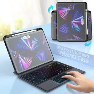 Touchpad Keyboard Case for iPad Pro 11 inch 4th / 3rd / 2nd / 1st 2022 / 2021 / 2020 / 2018, iPad Air 5th / 4th 10.9 inch 2022 / 2021 with Pencil Holder, 7 Colors 7 Colors Backlit Wireless Keyboard