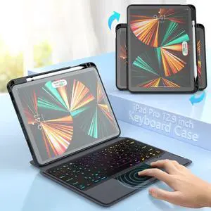 Wireless Keyboard Case with Touchpad for iPad Pro 12.9 inch 6th Generation 2022 / iPad Pro 12.9 inch 5th Gen 2021 / 4th Gen 2020 / 3rd Gen 2018, 7 Colors Backlit, Pencil Holder