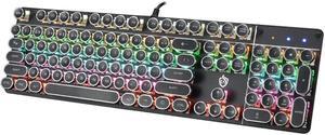 USB LED Backlit Retro Typewriter Mechanical Keyboard -Blue Switch - Round Keycaps -104 Keys Vintage Inspired Steampunk Gaming Keyboard Mechanical Gaming Keyboard for PC/Mac/Gamer Black