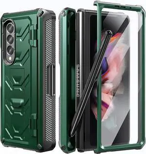 For Samsung Galaxy Z Fold 3 Case with S Pen Holder, Built-in Kickstand / Screen Protector / Camera & Hinge Protection, 360° Protection Phone Case Cover for Samsung Galaxy Z Fold 3 5G 2021