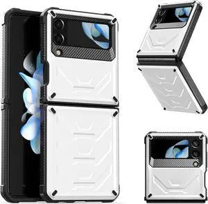 For Samsung Galaxy Z Flip 4 5G 2022 Case with Slide Camera Cover, Military Grade Heavy Duty Protective Armor Phone Case Shockproof Cover White