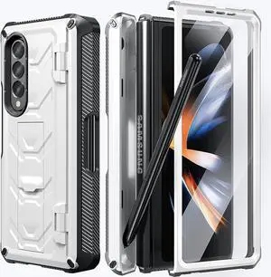 For Samsung Galaxy Z Fold 4 Case with S Pen Holder Built-in Kickstand & Screen Protector, 360° Full-Body & Hinge Protection Rugged Heavy Duty Phone Cover for Galaxy Z Fold 4 2022 5G White