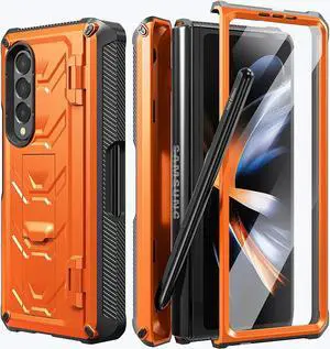 For Samsung Galaxy Z Fold 4 Case with S Pen Holder Built-in Kickstand & Screen Protector, 360° Full-Body & Hinge Protection Rugged Heavy Duty Phone Cover for Galaxy Z Fold 4 2022 5G Orange