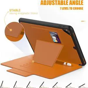 Magnetic Stand Case for iPad 6th / 5th Generation - [Multiple Angles] Shockproof Protective Cover with Pencil Holder & Card Slot,Auto Wake Sleep for iPad 9.7 inch 2018 2017/Pro 9.7/Air 2 Brown