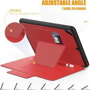 Magnetic Stand Case for iPad 6th / 5th Generation - [Multiple Angles] Shockproof Protective Cover with Pencil Holder & Card Slot,Auto Wake Sleep for iPad 9.7 inch 2018 2017/Pro 9.7/Air 2 Red