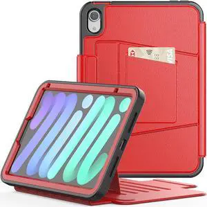 Magnetic Case for iPad Mini 6 8.3 Inch 2021 - Multiple Angle Shockproof Rugged Stand Case, Soft TPU Back Cover with Pencil Holder,Card Slot,Auto Sleep Wake for iPad Mini 6th Generation Red