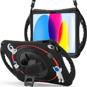 Cute Case for Apple iPad 10th Generation 10.9 inch 2022, Shockproof Silicone Astronaut Cover with Stand Shoulder Strap, Handle Grip, Pencil Holder