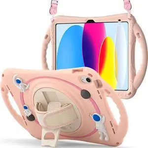 Cute Case for Apple iPad 10th Generation 10.9 inch 2022, Shockproof Silicone Astronaut Cover with Stand Shoulder Strap, Handle Grip, Pencil Holder Pink