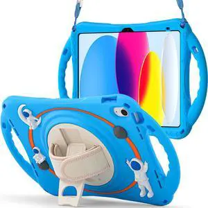 Cute Case for Apple iPad 10th Generation 10.9 inch 2022, Shockproof Silicone Astronaut Cover with Stand Shoulder Strap, Handle Grip, Pencil Holder Light Blue