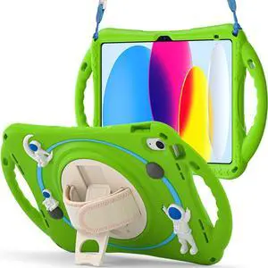 Cute Case for Apple iPad 10th Generation 10.9 inch 2022, Shockproof Silicone Astronaut Cover with Stand Shoulder Strap, Handle Grip, Pencil Holder Green
