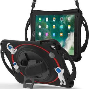 Cute Case for  iPad 6th 5th Generation 9.7 inch 2018 2017, iPad Air 2, Air 1, iPad Pro 9.7, Shockproof Silicone Astronaut Cover with Stand Shoulder Strap, Handle Grip, Pencil Holder