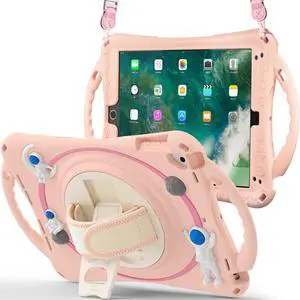 Cute Case for  iPad 6th 5th Generation 9.7 inch 2018 2017, iPad Air 2, Air 1, iPad Pro 9.7, Shockproof Silicone Astronaut Cover with Stand Shoulder Strap, Handle Grip, Pencil Holder Pink