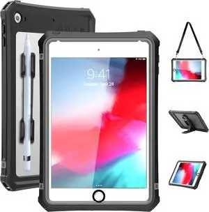 iPad Mini 4 / Mini 5 Waterproof Case, Protective Full Body Shockproof Dustproof Cover Case with Adjustable Stand Built-in Screen Protector Shoulder Strap for Apple iPad Mini 5/iPad Mini 4 7.9 Inches