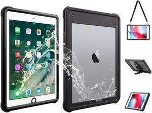 Waterproof Case for iPad 6th/5th Generation, iPad 9.7 Inch 2018 2017 Full Body Protection Shockproof Dustproof Cover with KickStand, Shoulder Strap Built in Screen Protector
