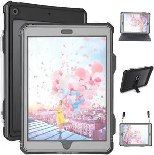 Waterproof Case For iPad 10.2 inch 9th 8th 7th Generation / iPad 10.2 2021/2020/2019 ,ShockProof Bumper Full-Body Protective Cover with Built-in Screen Protector  /Shoulder Strap/Stand/Pencil Holder