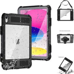 iPad 10th Generation 10.9 inch 2022 Waterproof Case, Full-Body Heavy Duty Shockproof Protective Cover with Built-in Screen Protector, Pencil Holder, Kickstand, Hand/Shoulder Strap