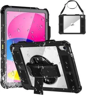 iPad 10th Generation 10.9 inch Waterproof Case 2022, Heavy Duty Shockproof Cover with Pencil Holder + Rotating Stand + Handle + Shoulder Strap
