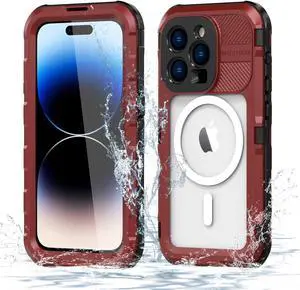 iPhone 14 Pro Max Waterproof Case, MagSafe Compatible, Built-in Screen Protector IP68 Underwater Dustproof 360 Full Body Shockproof Protective Cover for iPhone 14 Pro Max Red