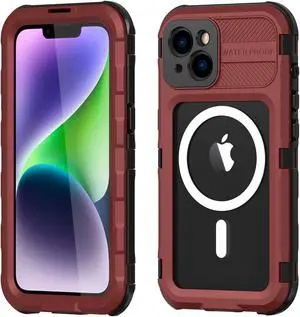 iPhone 14 Plus 6.7 inch Waterproof Case, MagSafe Compatible, Built-in Screen Protector IP68 Underwater Dustproof 360 Full Body Shockproof Protective Cover Red