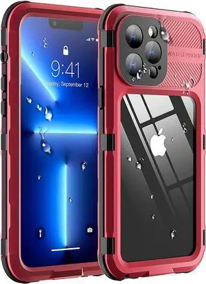 iPhone 13 Pro 6.1 inch Waterproof Metal Case - Built-in [Screen Protector][15FT Military Grade Shockproof][IP68 Water Proof], Full Body Aluminum Protective Dropproof Cover Red