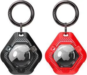 2 Pack IPX8 Waterproof Airtag Holder (TPU&Clear PC Double Protection), Anti-Scratch Shockproof AirTag Case with Carbon Fiber Texture Keychain,Inner and Outer TPU Bumpers for Apple AirTag Black/Red