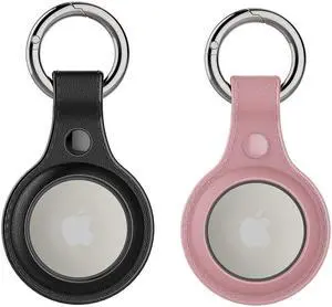 [2 Pack] Airtag Holder Waterproof & Airtag Keychain Leather, Air Tag Case Protective Tracker with Loop Key Ring for Apple AirTags, Airtag Cover for Wallet,Luggage,Cat,Dog,Pets Black/Pink