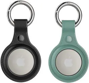 [2 Pack] Airtag Holder Waterproof & Airtag Keychain Leather, Air Tag Case Protective Tracker with Loop Key Ring for Apple AirTags, Airtag Cover for Wallet,Luggage,Cat,Dog,Pets Black/Green