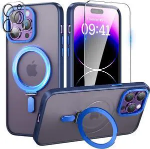 For iPhone 12 Pro Max 6.7 inch Case with Magnetic Invisible Stand [Compatible with Magsafe] Shockproof Slim Translucent Matte Cases [Tempered Glass Screen Protector + Camera Lens Protector] Blue