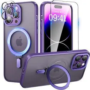 For iPhone 12 / 12 Pro 6.1 inch Case with Magnetic Invisible Stand [Compatible with Magsafe] [Tempered Glass Screen Protector + Camera Lens Protector] Shockproof Slim Translucent Matte Cover Purple
