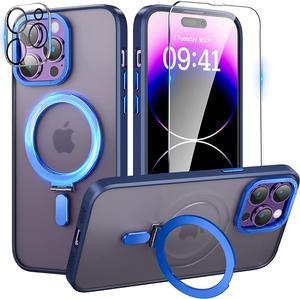 For iPhone 13 Pro Max 6.7 inch Case with Magnetic Invisible Stand [Compatible with Magsafe] Shockproof Slim Translucent Matte Cover [Tempered Glass Screen Protector + Camera Lens Protector] Blue