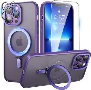 For iPhone 13 Pro Max 6.7 inch Case with Magnetic Invisible Stand [Compatible with Magsafe] Shockproof Slim Translucent Matte Cover [Tempered Glass Screen Protector + Camera Lens Protector] Purple
