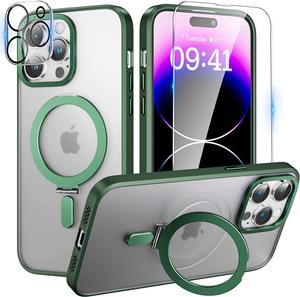 For iPhone 13 Pro 6.1 inch Case with Magnetic Invisible Stand [Compatible with Magsafe] Shockproof Slim Translucent Matte Cover [Tempered Glass Screen Protector + Camera Lens Protector] Green