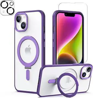 For iPhone 14 / iPhone 13 6.1 inch Case with Magnetic Invisible Stand [Compatible with Magsafe] Shockproof Slim Translucent Matte Cover [Tempered Glass Screen Protector + Camera Lens Protector] Purple
