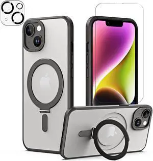 For iPhone 14 / iPhone 13 6.1 inch Case with Magnetic Invisible Stand [Compatible with Magsafe] Shockproof Slim Translucent Matte Cover [Tempered Glass Screen Protector + Camera Lens Protector] Black