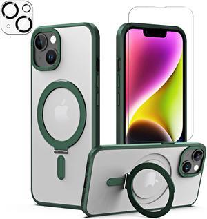 For iPhone 14 / iPhone 13 6.1 inch Case with Magnetic Invisible Stand [Compatible with Magsafe] Shockproof Slim Translucent Matte Cover [Tempered Glass Screen Protector + Camera Lens Protector] Green