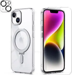 For iPhone 14 / iPhone 13 6.1 inch Case with Magnetic Invisible Stand [Compatible with Magsafe] Shockproof Slim Translucent Matte Cover [Tempered Glass Screen Protector + Camera Lens Protector] Clear