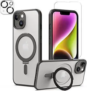 For iPhone 14 Plus 6.7 inch Case with Magnetic Invisible Stand [Compatible with Magsafe] Shockproof Slim Translucent Matte Cover [Tempered Glass Screen Protector + Camera Lens Protector] Black
